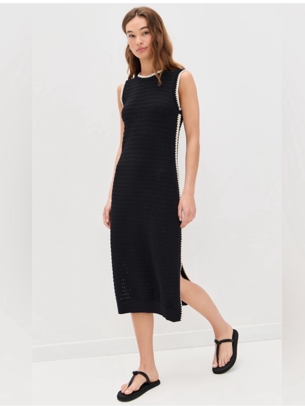 NWT VARLEY Dwight Tank Cotton Knit Midi Dress LARGE Black White Coastal Summer